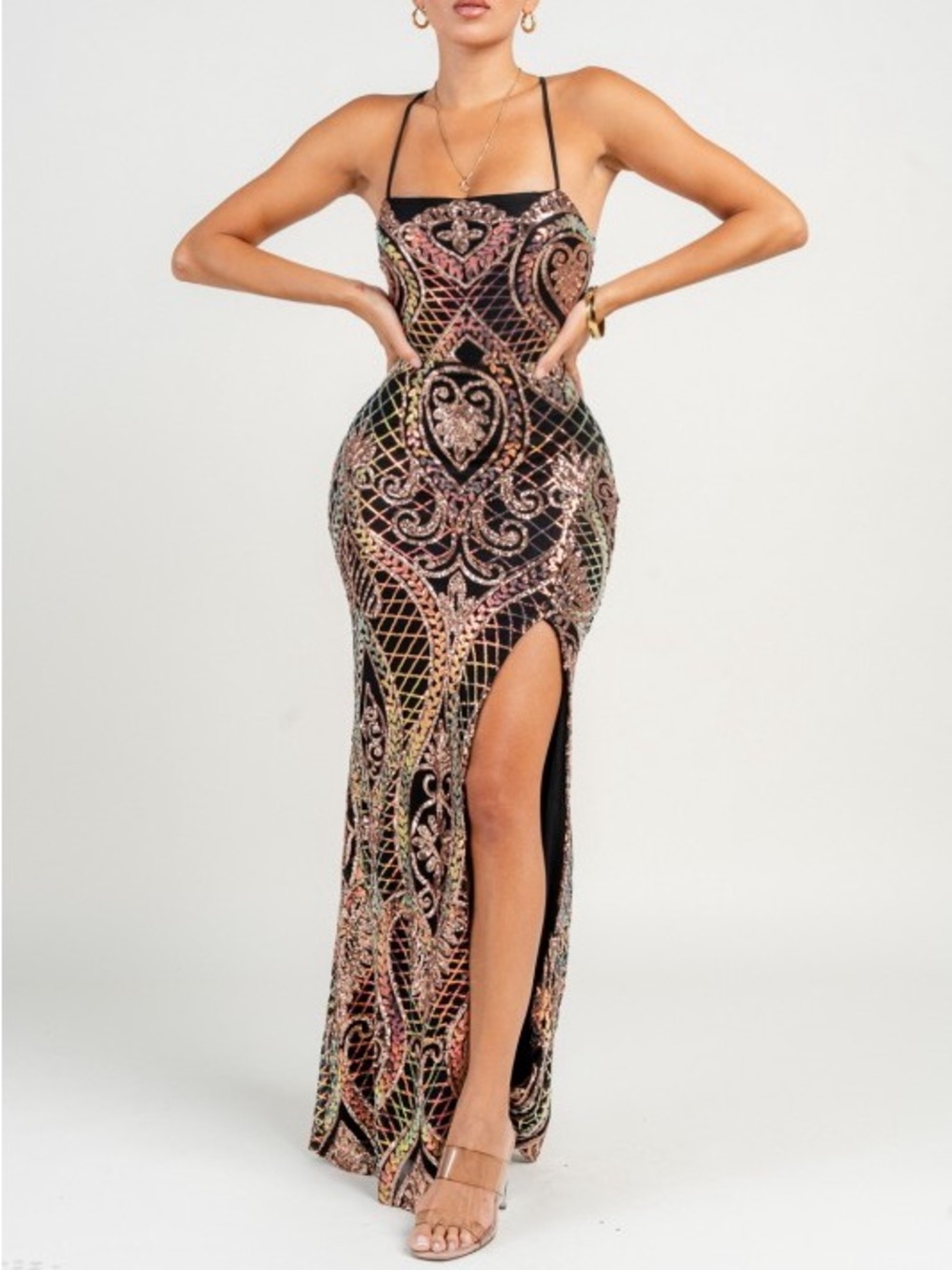 Sequined Black Multi-Color Strappy Evening Gown w/Thigh Slit HD30195E
